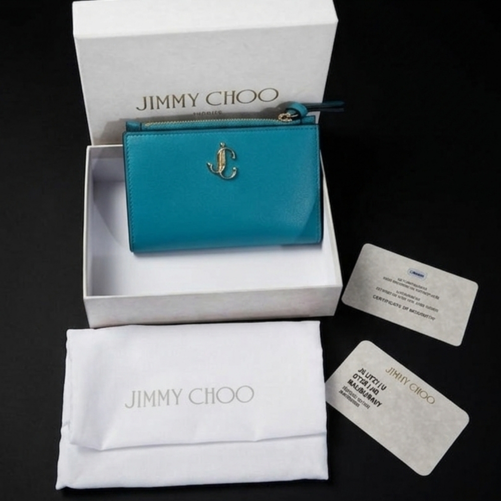JIMMY CHOO Litzy Malibu Teal Navy Leather Small Zip Wallet